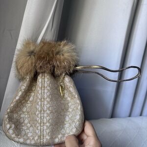 Vtg Coach Gold Signature Monogram Rabbit Fur Pouch Bag Fairycore Drawstring